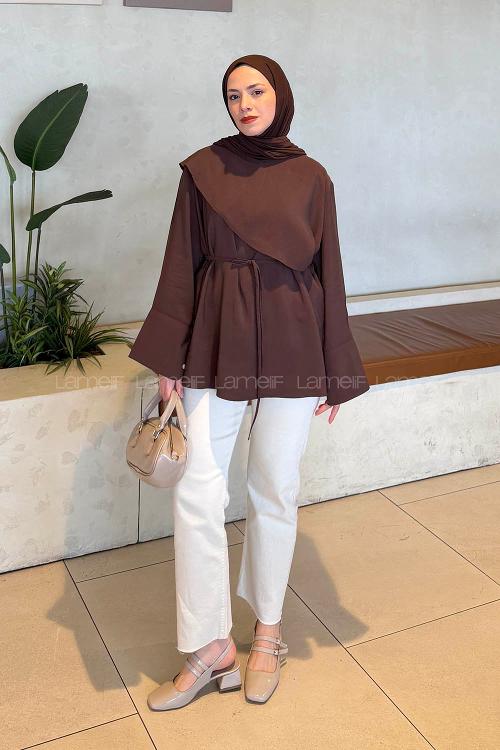 Lamelif Pelerin Detaylı Tunik Kahverengi