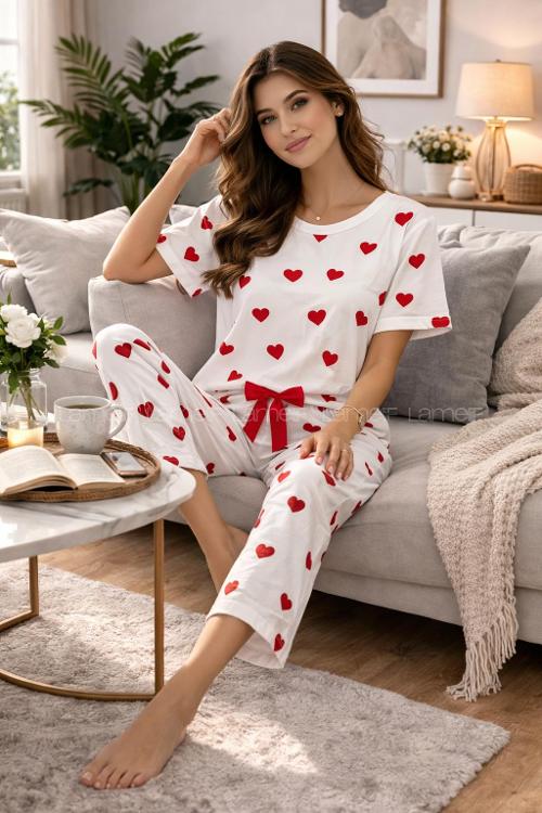 Lamelif Kadın Milan Kumaş Kalp Desenli Pijama Takımı