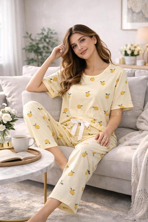 Lamelif Kadın Milan Kumaş  Lemonn Desenli Pijama Takımı