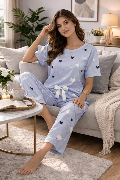 Lamelif Kadın Milan Kumaş Minimal Kalp Desenli Pijama Takımı