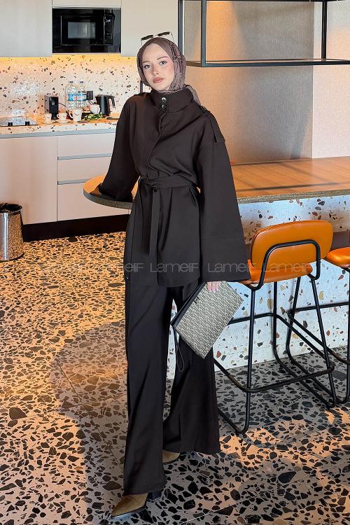 Lamelif Bağlama Detaylı İkili Takım Acı Kahve