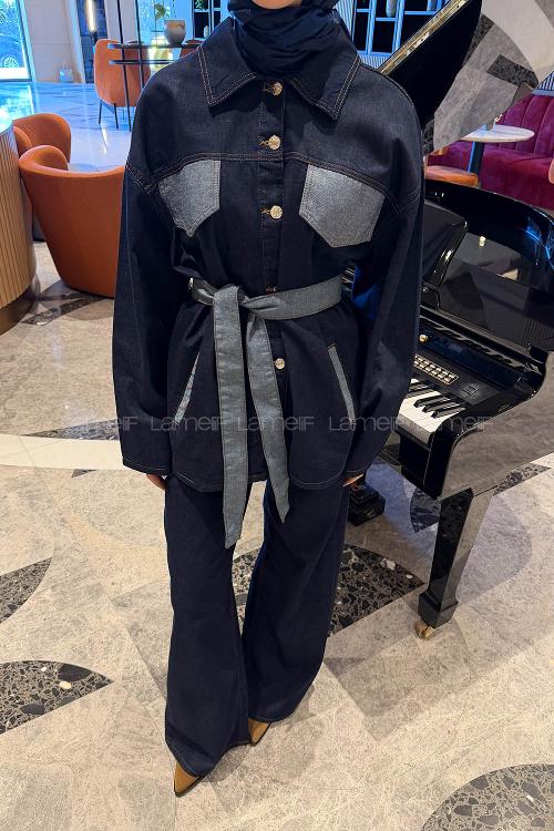 Lamelif Bağlama Detaylı Kot Takım Kot Mavisi