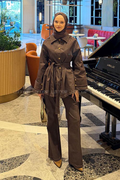 Lamelif Bağlama Detaylı Kot Takım Koyu Kahverengi