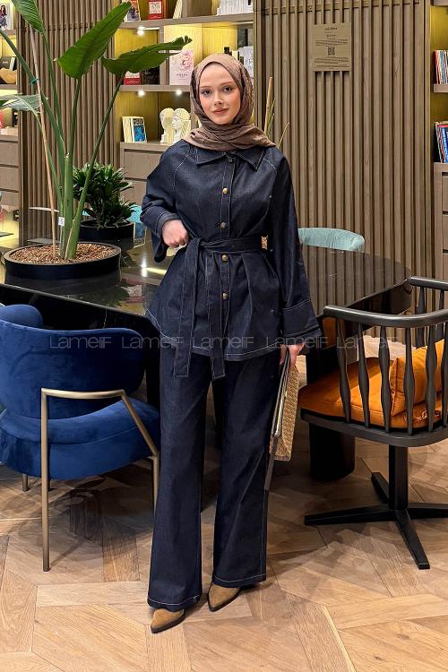 Lamelif Bağlama Detaylı Kot Takım Koyu Mavi