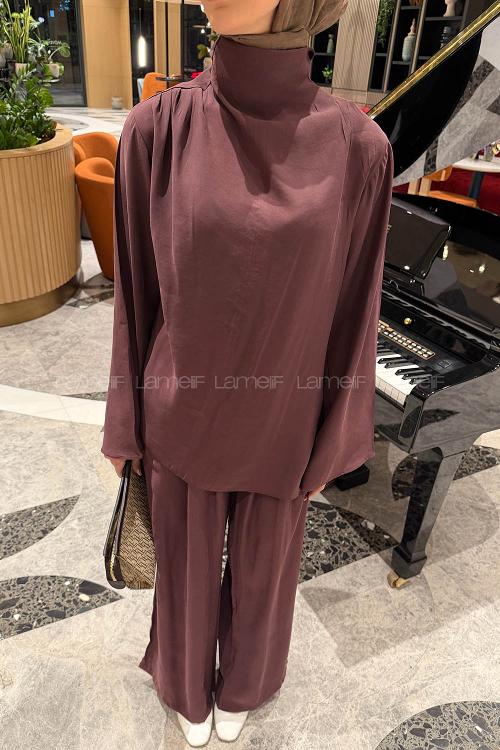 Lamelif Balıkçı Yaka Pileli Takım Mürdüm