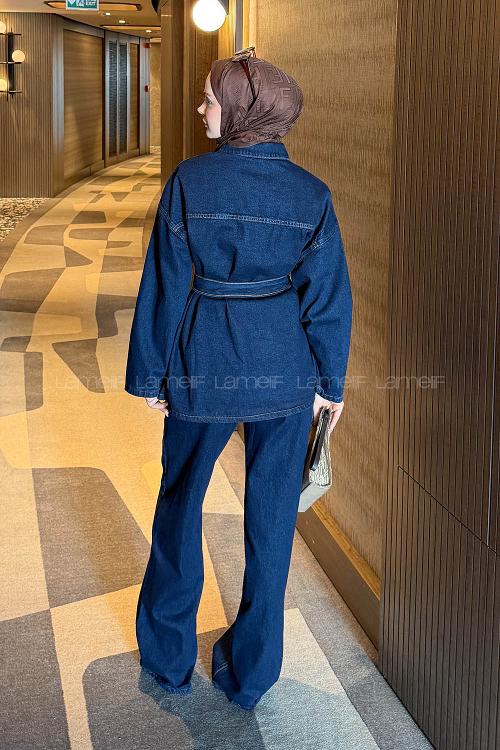 Lamelif Denim Kuşaklı Ceket-Pantolon İkili Takım Kot Mavisi