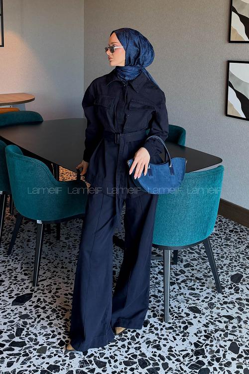 Lamelif Kemerli Denim Takım Lacivert