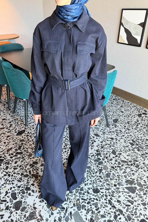 Lamelif Kemerli Denim Takım Lacivert