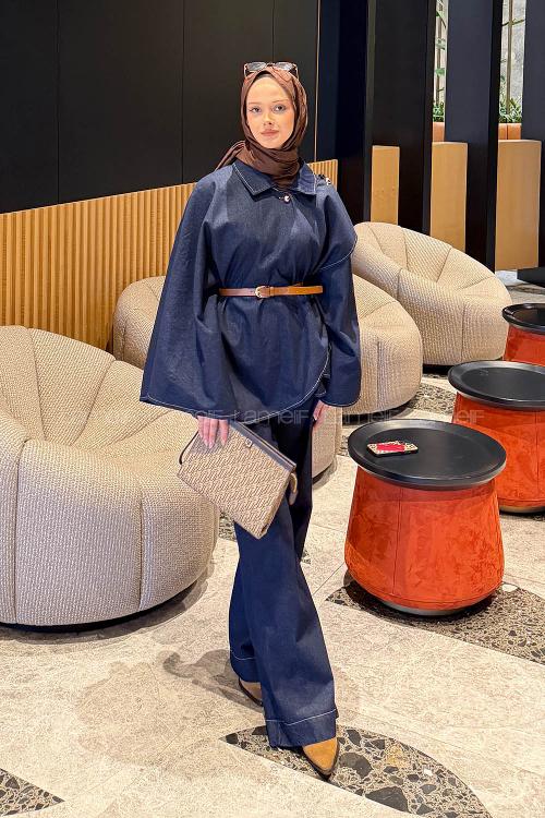 Lamelif Kemerli Panço-Pantolon Kot Takım Kot Mavisi