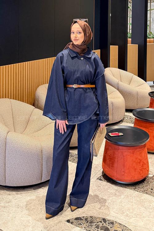 Lamelif Kemerli Panço-Pantolon Kot Takım Kot Mavisi
