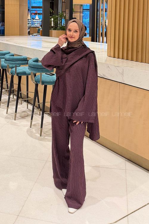 Lamelif Şal Detaylı Çizgili Takım Koyu Mürdüm