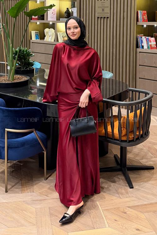 Claret Red Scarf Neck Satin Fabric Dresess