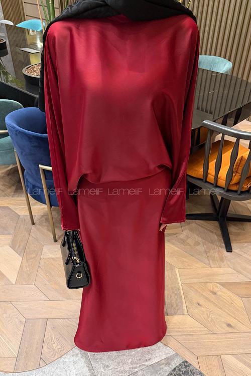 Claret Red Scarf Neck Satin Fabric Dresess