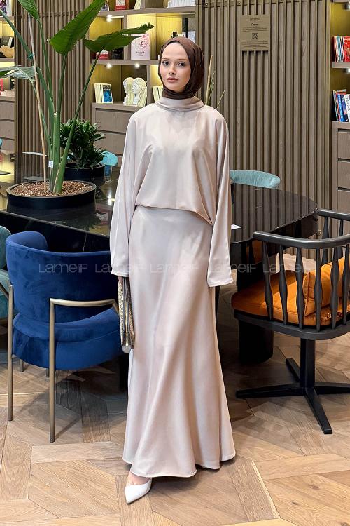Lamelif Şal Yaka Saten Elbise Krem