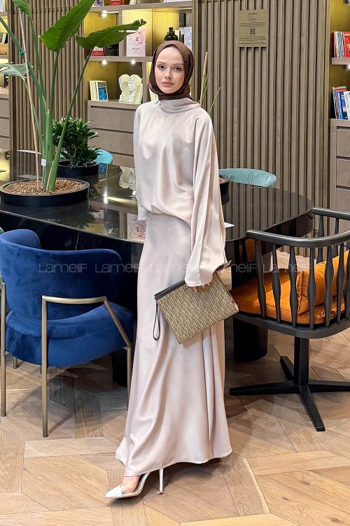 Lamelif Şal Yaka Saten Elbise Krem