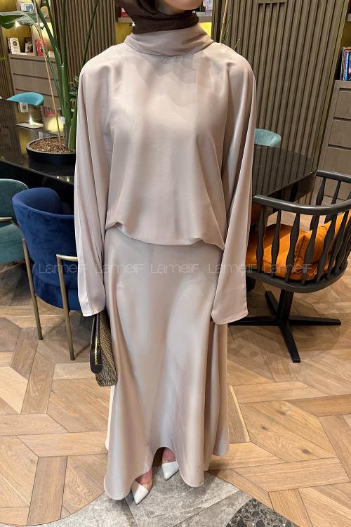 Lamelif Şal Yaka Saten Elbise Krem