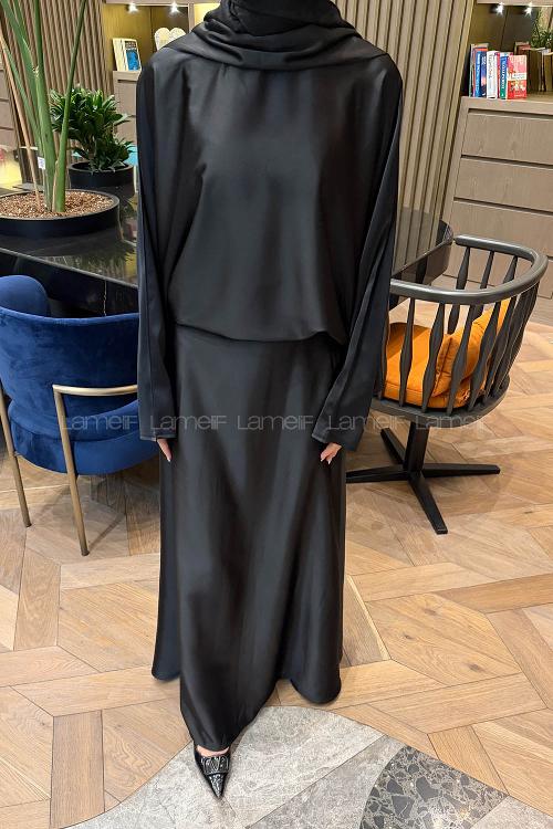 Lamelif Şal Yaka Saten Elbise Siyah