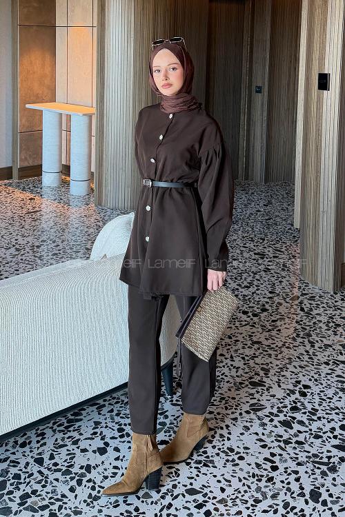 Lamelif Taş Düğme Detaylı Kemerli Takım Acı Kahve