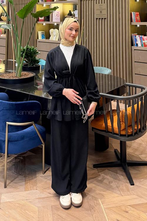 Lamelif Bağlama Detaylı Takım Siyah