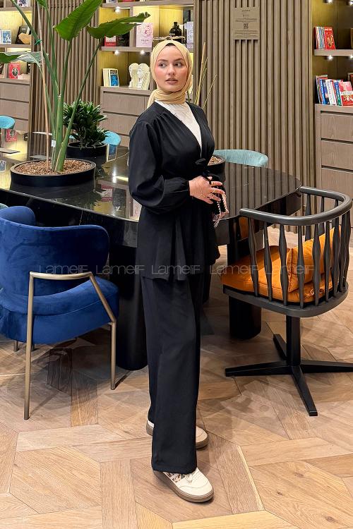 Lamelif Bağlama Detaylı Takım Siyah