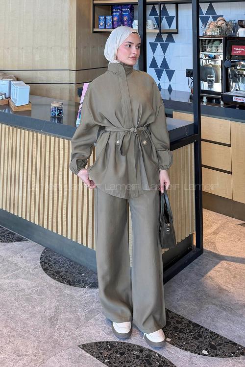 Lamelif Bağlamalı Gold Düğme Detaylı Takım Haki