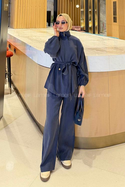 Lamelif Bağlamalı Gold Düğme Detaylı Takım İndigo