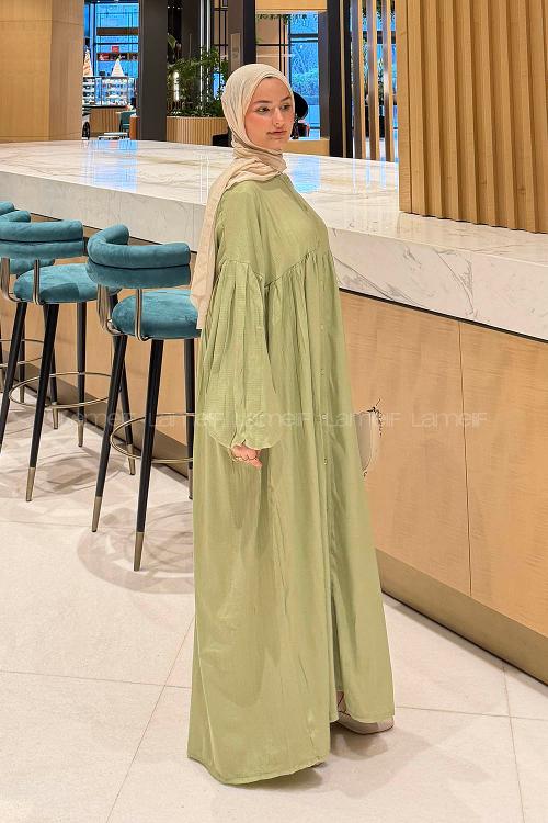 Lamelif Balon Kol Uzun Tesettür Elbise Mint Yeşili