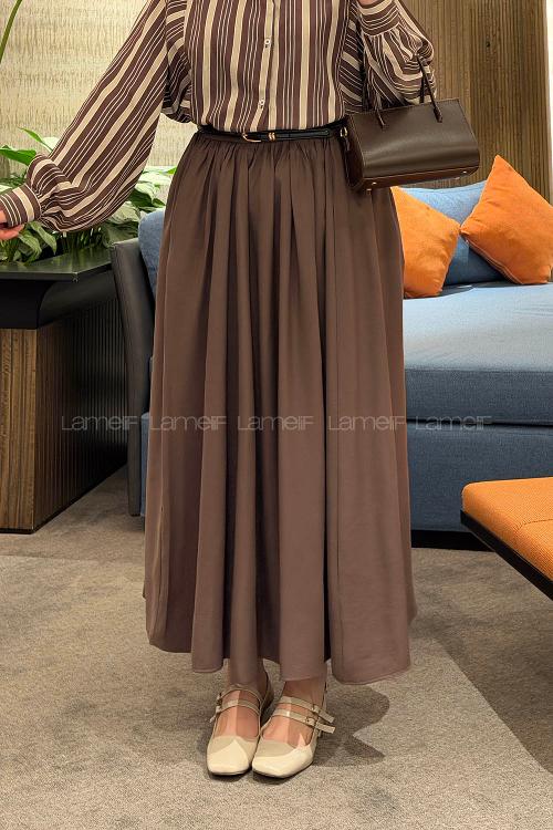 Lamelif Bel Lastikli Cep Detaylı Etek Acı Kahve