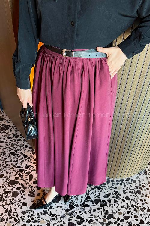 Lamelif Bel Lastikli Cep Detaylı Etek Bordo