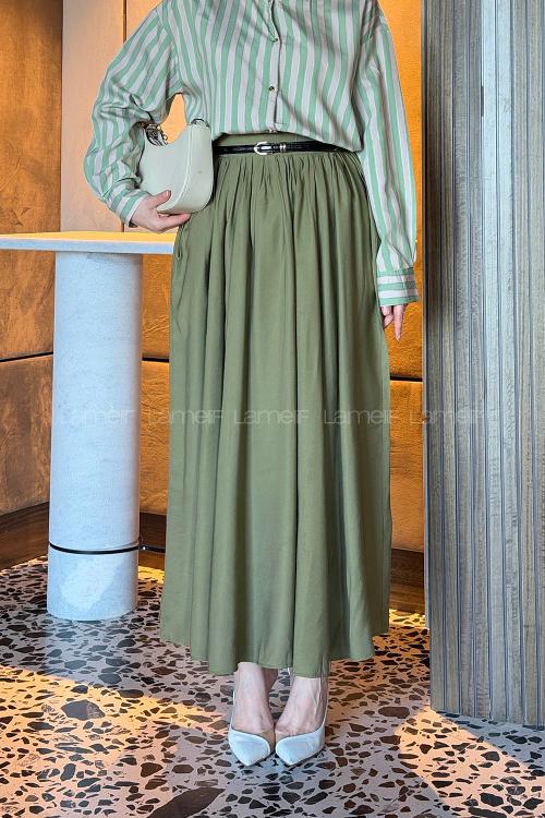 Lamelif Bel Lastikli Cep Detaylı Etek Haki