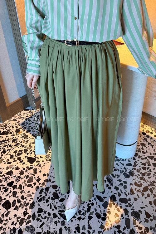 Lamelif Bel Lastikli Cep Detaylı Etek Haki