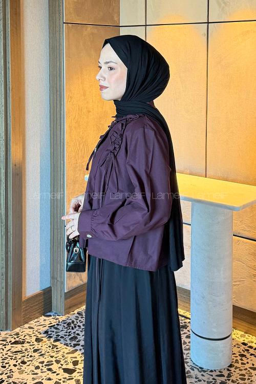 Lamelif Büzgü Detaylı Tesettür Gömlek Bordo