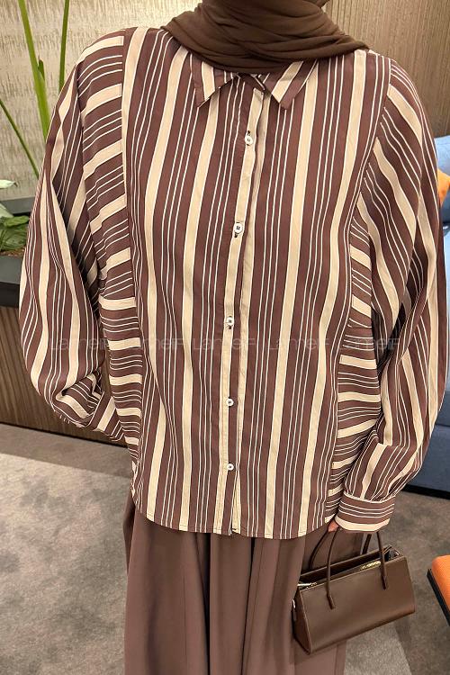 Lamelif Çizgi Detaylı Gömlek Acı Kahve