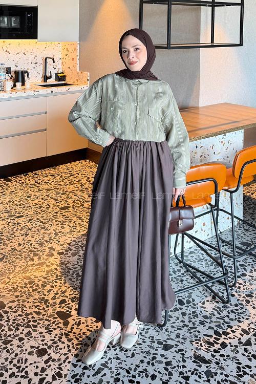 Lamelif Çizgili Cep Detaylı Gömlek Haki