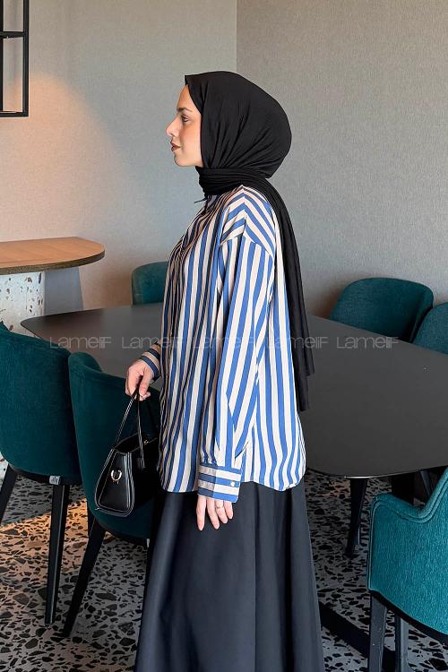 Lamelif Gold Düğmeli Çizgili Gömlek Lacivert