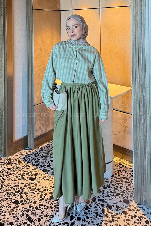 Lamelif Gold Düğmeli Çizgili Gömlek Yeşil