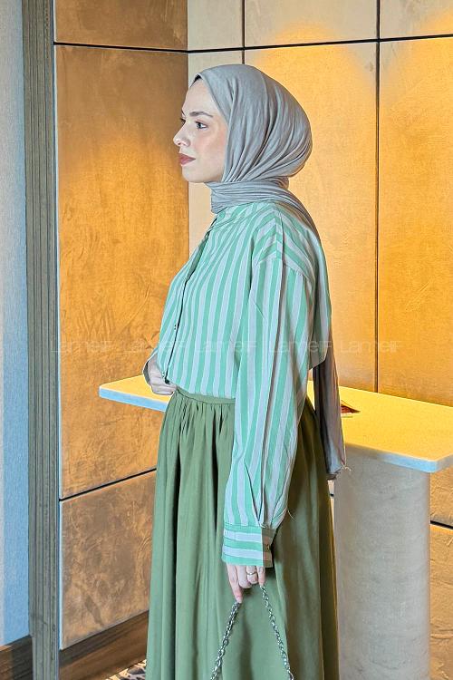 Lamelif Gold Düğmeli Çizgili Gömlek Yeşil