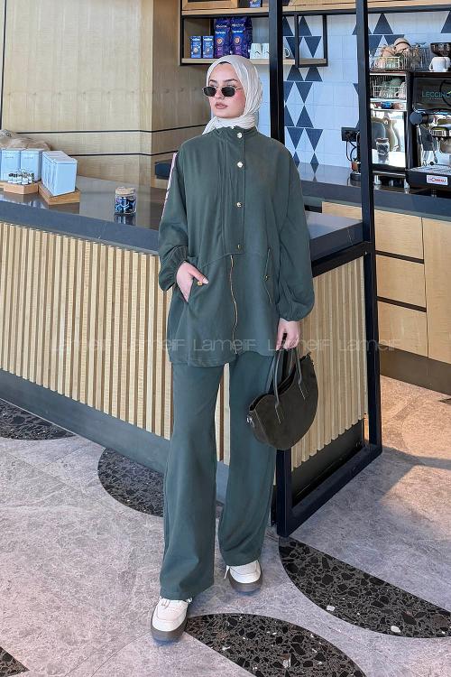 Lamelif Gold Düğmeli Fermuarlı Takım Koyu Yeşil