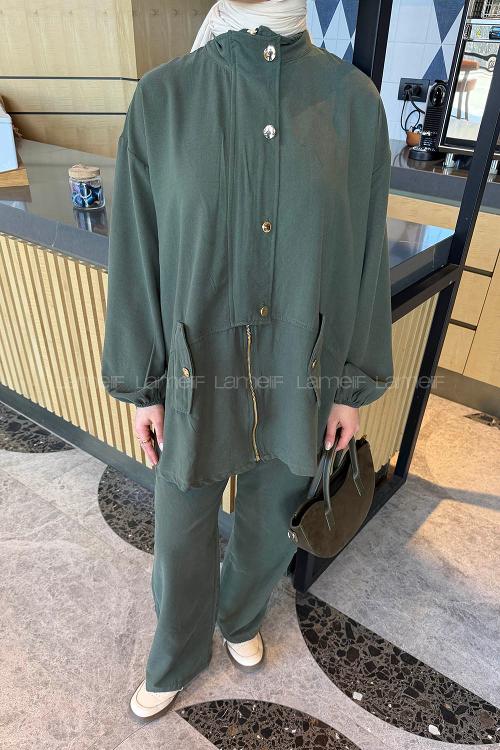 Lamelif Gold Düğmeli Fermuarlı Takım Koyu Yeşil