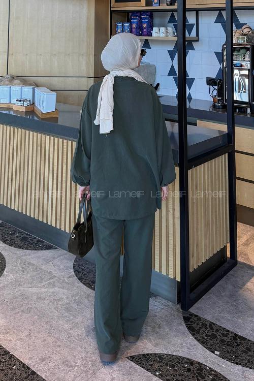 Lamelif Gold Düğmeli Fermuarlı Takım Koyu Yeşil