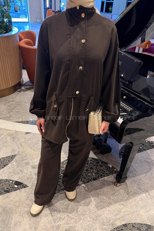 Lamelif Gold Düğmeli Fermuarlı Takım Soft Kahve