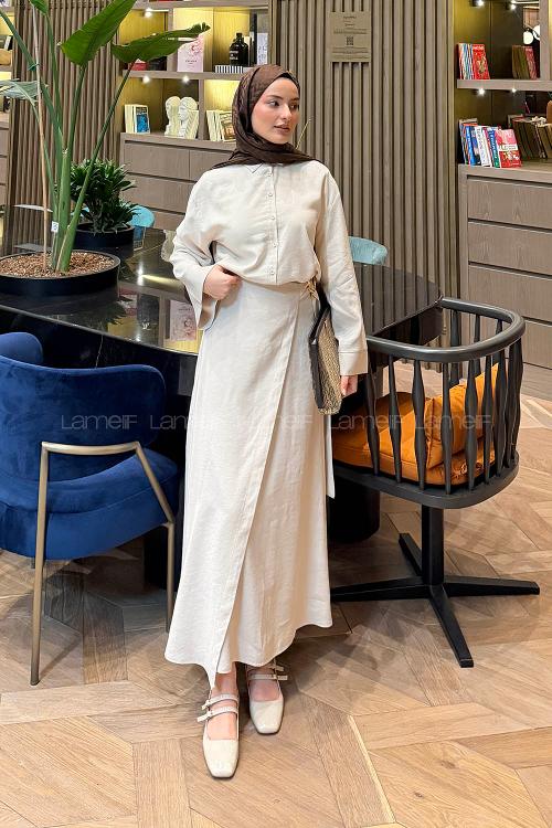 Lamelif Gömlek-Etek Tesettür Takım Bej