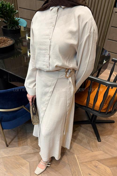 Lamelif Gömlek-Etek Tesettür Takım Bej