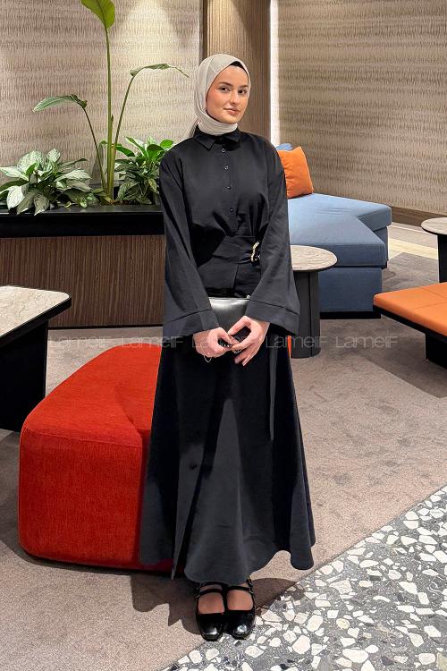 Lamelif Gömlek-Etek Tesettür Takım Siyah