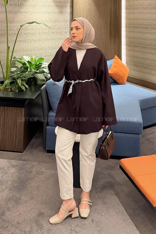 Lamelif Kemerli Tesettür Ceket Mürdüm