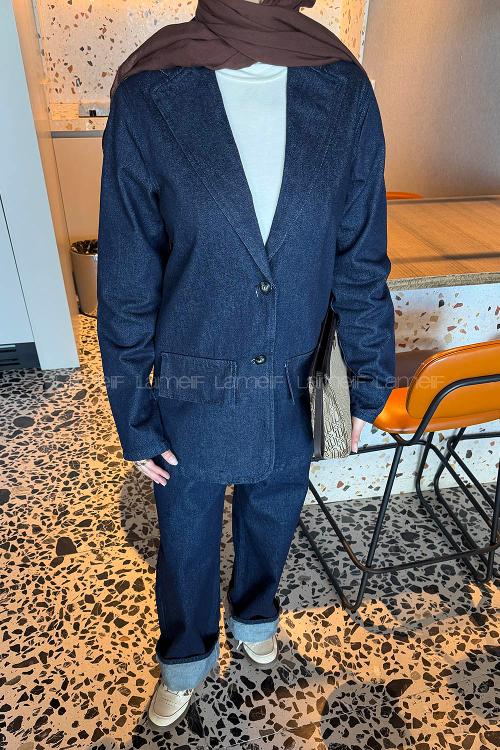 Lamelif Kot Ceket-Pantolon Takım Koyu Mavi