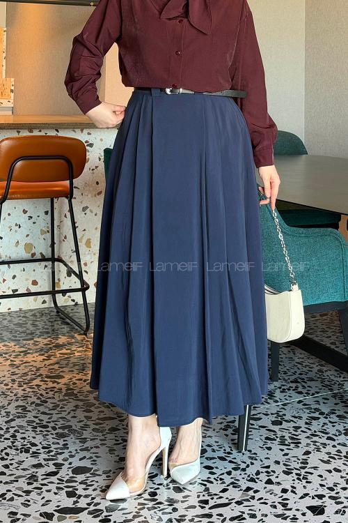 Lamelif Pileli Kemerli Etek Lacivert