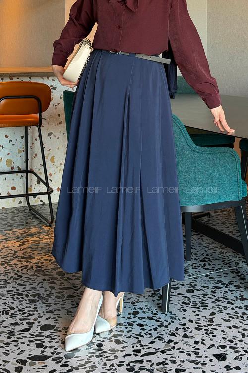 Lamelif Pileli Kemerli Etek Lacivert