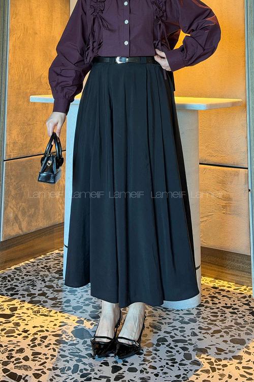 Lamelif Pileli Kemerli Etek Siyah