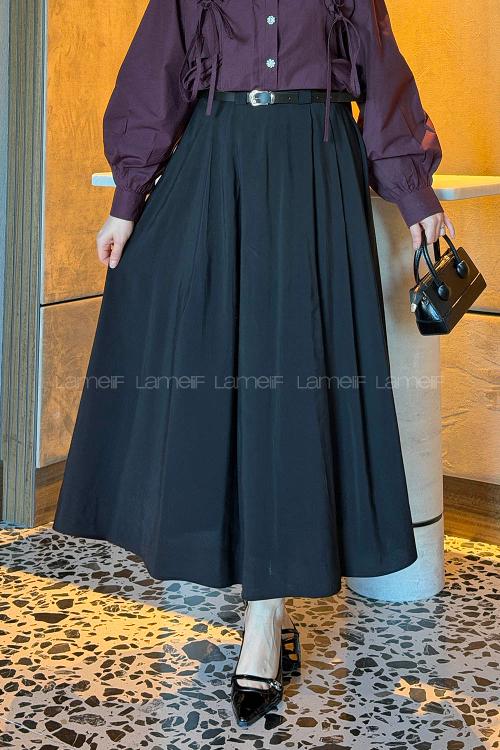 Lamelif Pileli Kemerli Etek Siyah